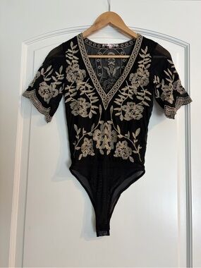 Bailey Rose Women's Coquette Embroidered Black Lace Bodysuit XS